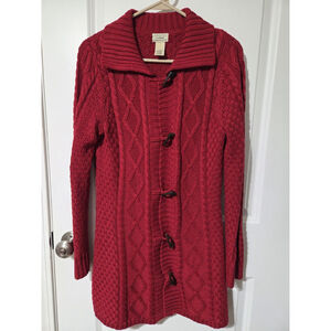 LL Bean Red Cable Knit Wool Blend Duster Cardigan Women’s Small Coastal